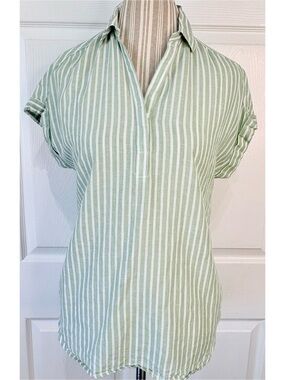Anthropologie Green and White Striped Short-Sleeve Blouse